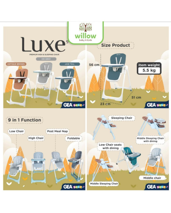 Gea Baby Luxe 9 Premium High & Sleeping Chair Kursi Bayi