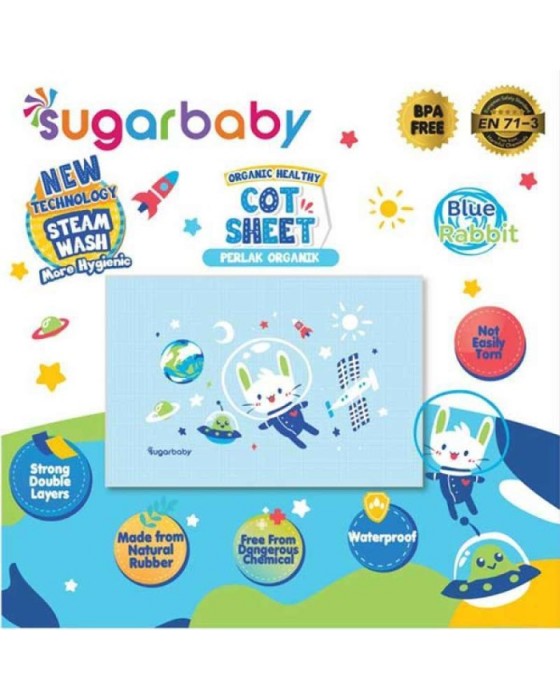 SUGAR BABY ORGANIC HEALTHY PREMIUM AIR FILLED RUBBER COT SHEET RABBIT - BLUE