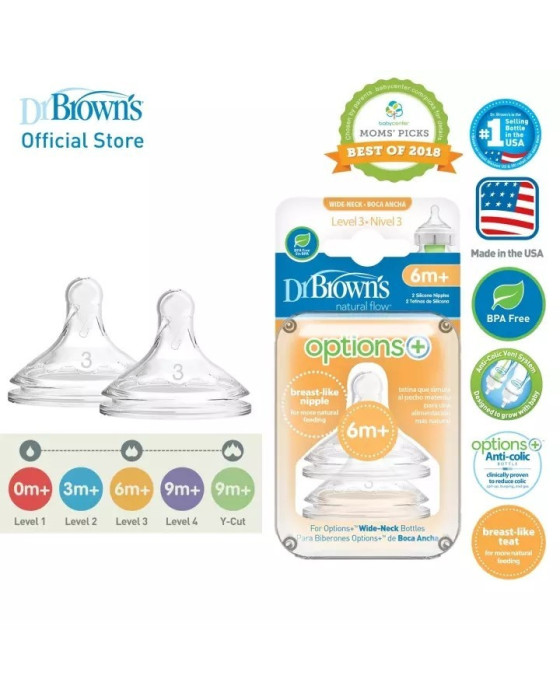 Dr. Brown Nipple Wide Neck Silicone Options+ 2Pk Botol Susu & Dot