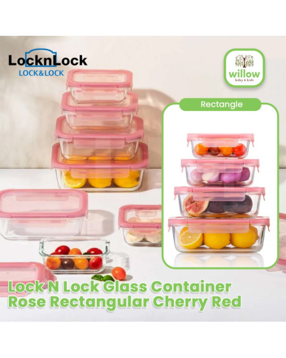 Lock N Lock Glass Container Rose Rectangular Cherry Red Tempat Penyimpanan Makanan