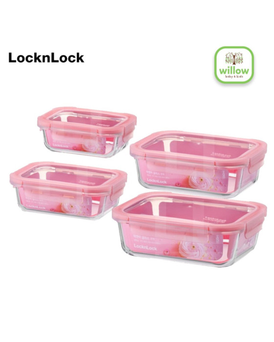 Lock N Lock Glass Container Rose Rectangular Cherry Red Tempat Penyimpanan Makanan