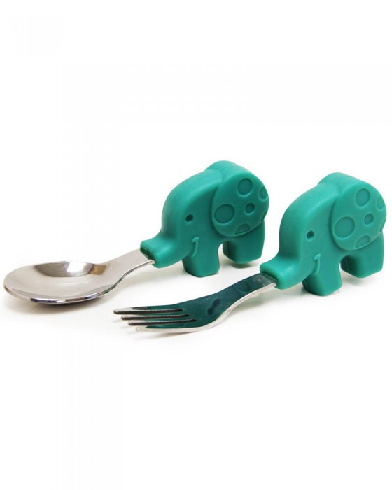 MARCUS N MARCUS PALM GRASP SPOON N FORK SET OLLIE ELEPHANT GREEN