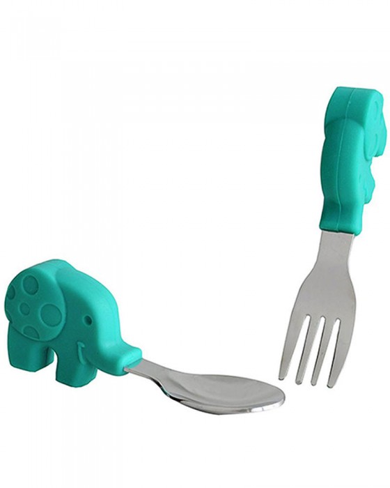 MARCUS N MARCUS PALM GRASP SPOON N FORK SET OLLIE ELEPHANT GREEN