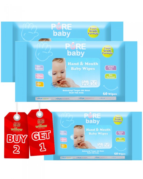 PURE BABY HAND N MOUTH BABY WIPES ALOE VERA 60S BANDED 2+1